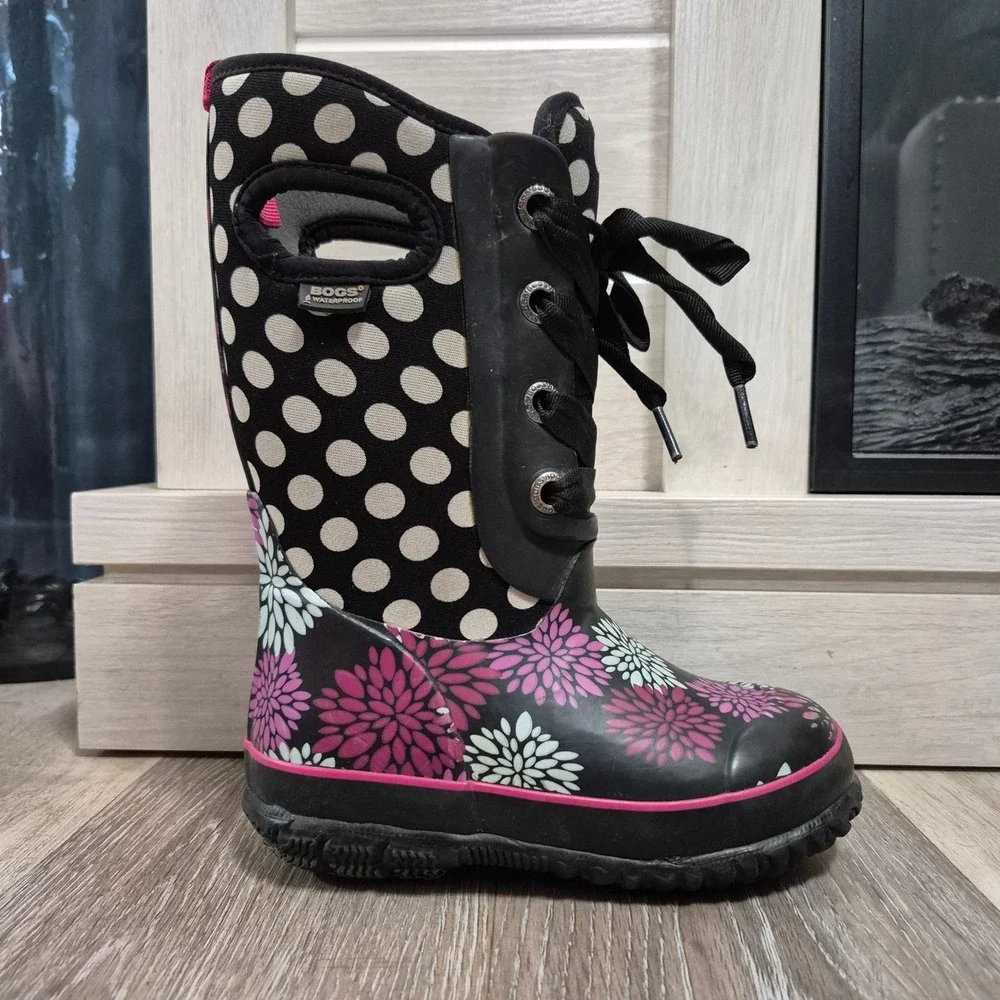 Bogs Kids Waterproof Rain Boots Floral Polka Dot Black Pink Sz 11